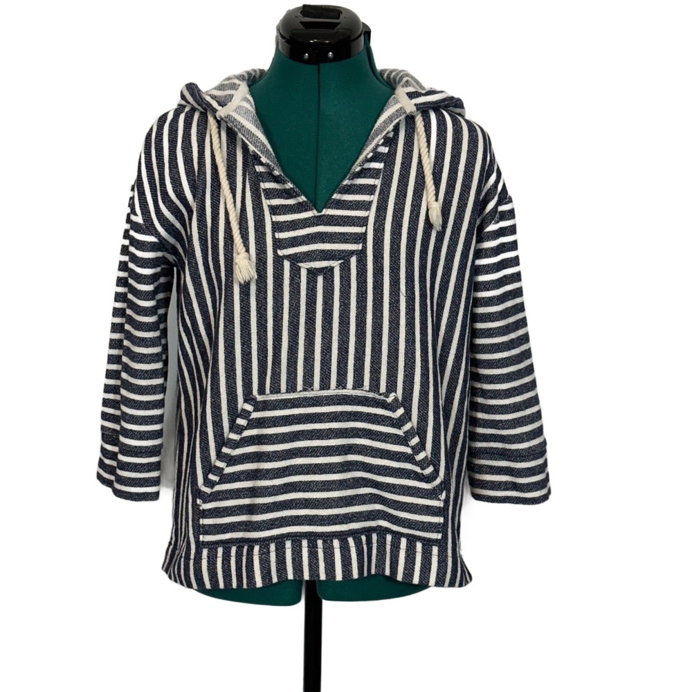 J.Crew Baja Hoodie Striped Kangaroo Pocket XS Navy Blue White Coastal Casual